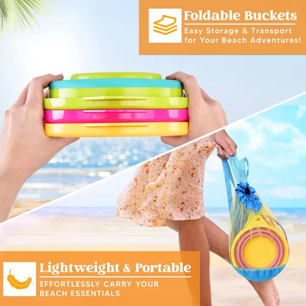 JOYIN Foldable Beach Bucket Set  3 Packs Collapsible Toy Buckets with Shovels and Mesh Backpack for Kids Toddlers Party Camping Gear Travelling Fishing Water Pail PinkPurpleGreenPinkPurpleGreen
