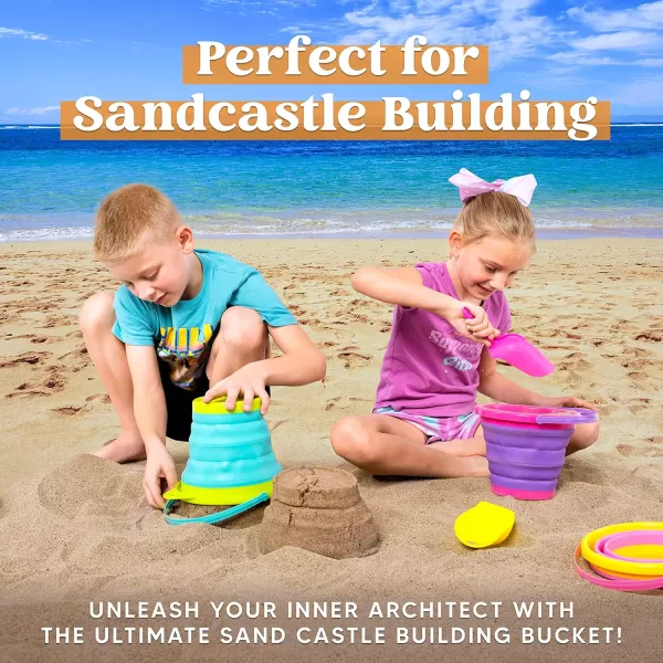JOYIN Foldable Beach Bucket Set  3 Packs Collapsible Toy Buckets with Shovels and Mesh Backpack for Kids Toddlers Party Camping Gear Travelling Fishing Water Pail PinkPurpleGreenPinkPurpleGreen