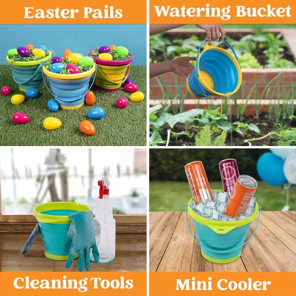 JOYIN Foldable Beach Bucket Set  3 Packs Collapsible Toy Buckets with Shovels and Mesh Backpack for Kids Toddlers Party Camping Gear Travelling Fishing Water Pail PinkPurpleGreenYellowBlueGreen