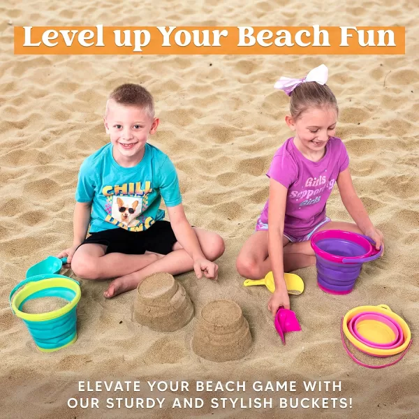 JOYIN Foldable Beach Bucket Set  3 Packs Collapsible Toy Buckets with Shovels and Mesh Backpack for Kids Toddlers Party Camping Gear Travelling Fishing Water Pail PinkPurpleGreenPinkPurpleGreen