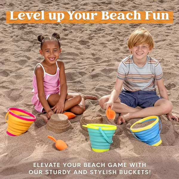 JOYIN Foldable Beach Bucket Set  3 Packs Collapsible Toy Buckets with Shovels and Mesh Backpack for Kids Toddlers Party Camping Gear Travelling Fishing Water Pail PinkPurpleGreenYellowBlueGreen