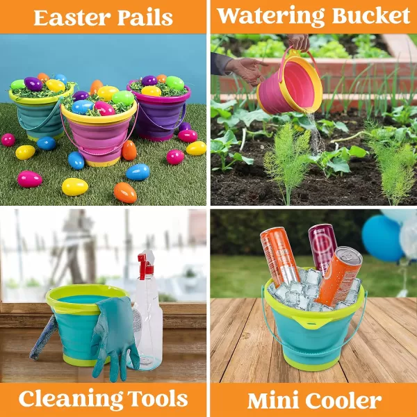 JOYIN Foldable Beach Bucket Set  3 Packs Collapsible Toy Buckets with Shovels and Mesh Backpack for Kids Toddlers Party Camping Gear Travelling Fishing Water Pail PinkPurpleGreenPinkPurpleGreen