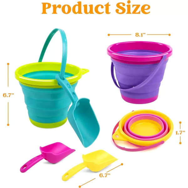 JOYIN Foldable Beach Bucket Set  3 Packs Collapsible Toy Buckets with Shovels and Mesh Backpack for Kids Toddlers Party Camping Gear Travelling Fishing Water Pail PinkPurpleGreenPinkPurpleGreen