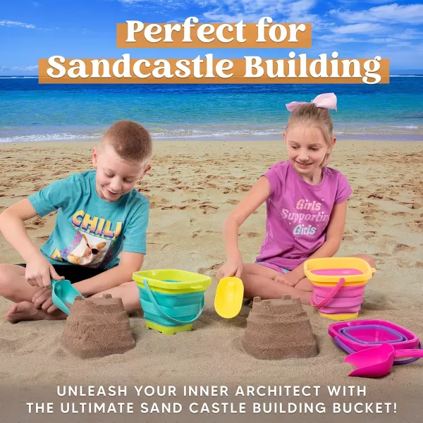 Sloosh 3 Packs Foldable Bucket  Collapsible Bucket with Sand Shovels and Mesh Backpack for Kids Toddlers Beach Toys Easter Egg Hunt Camping Travelling and Fishing Water Pail PinkPurpleGreenPinkPurpleGreen