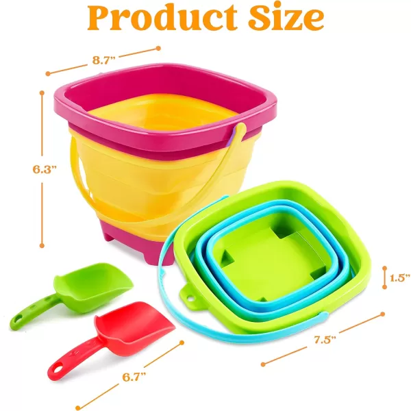Sloosh 3 Packs Foldable Bucket  Collapsible Bucket with Sand Shovels and Mesh Backpack for Kids Toddlers Beach Toys Easter Egg Hunt Camping Travelling and Fishing Water Pail PinkPurpleGreenYellowBlueGreen