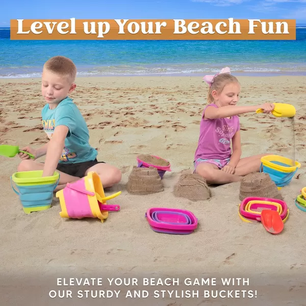 Sloosh 3 Packs Foldable Bucket  Collapsible Bucket with Sand Shovels and Mesh Backpack for Kids Toddlers Beach Toys Easter Egg Hunt Camping Travelling and Fishing Water Pail PinkPurpleGreenYellowBlueGreen