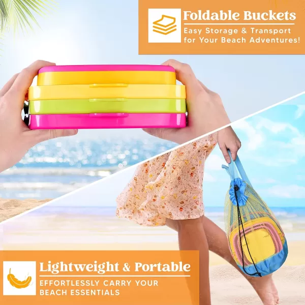Sloosh 3 Packs Foldable Bucket  Collapsible Bucket with Sand Shovels and Mesh Backpack for Kids Toddlers Beach Toys Easter Egg Hunt Camping Travelling and Fishing Water Pail PinkPurpleGreenPinkPurpleGreen