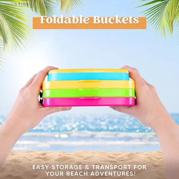 Sloosh 3 Packs Foldable Bucket  Collapsible Bucket with Sand Shovels and Mesh Backpack for Kids Toddlers Beach Toys Easter Egg Hunt Camping Travelling and Fishing Water Pail PinkPurpleGreenYellowBlueGreen