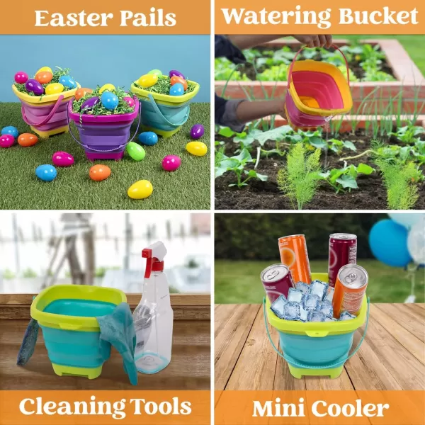 Sloosh 3 Packs Foldable Bucket  Collapsible Bucket with Sand Shovels and Mesh Backpack for Kids Toddlers Beach Toys Easter Egg Hunt Camping Travelling and Fishing Water Pail PinkPurpleGreenPinkPurpleGreen