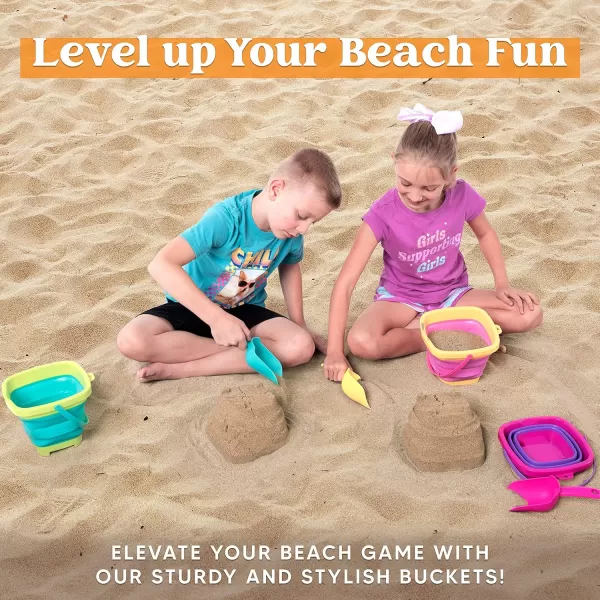 Sloosh 3 Packs Foldable Bucket  Collapsible Bucket with Sand Shovels and Mesh Backpack for Kids Toddlers Beach Toys Easter Egg Hunt Camping Travelling and Fishing Water Pail PinkPurpleGreenPinkPurpleGreen