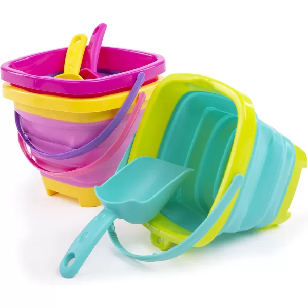Sloosh 3 Packs Foldable Bucket  Collapsible Bucket with Sand Shovels and Mesh Backpack for Kids Toddlers Beach Toys Easter Egg Hunt Camping Travelling and Fishing Water Pail PinkPurpleGreenPinkPurpleGreen