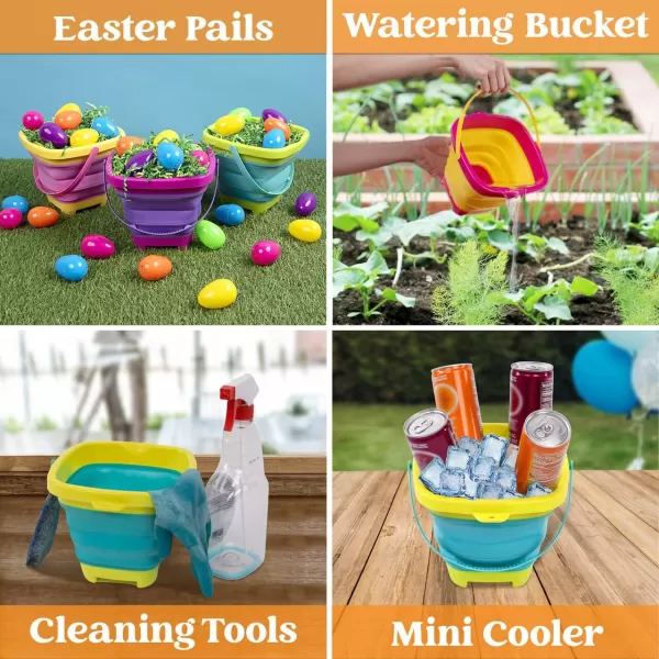 Sloosh 3 Packs Foldable Bucket  Collapsible Bucket with Sand Shovels and Mesh Backpack for Kids Toddlers Beach Toys Easter Egg Hunt Camping Travelling and Fishing Water Pail PinkPurpleGreenYellowBlueGreen