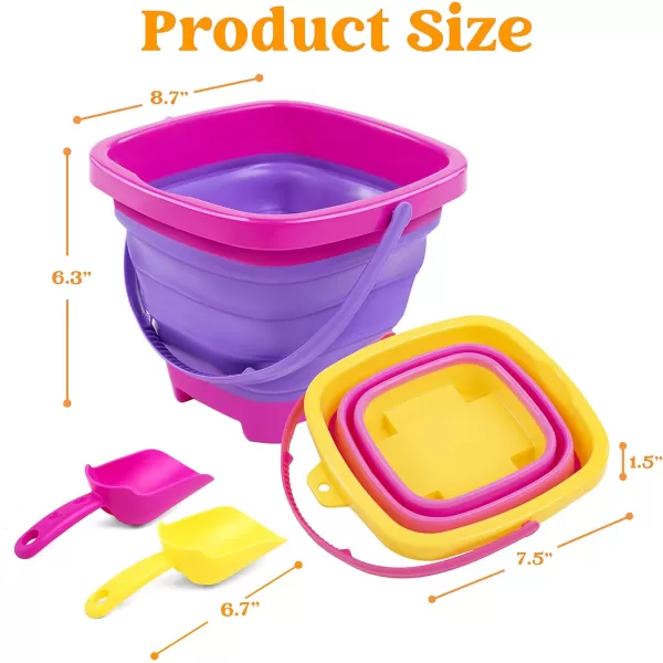 Sloosh 3 Packs Foldable Bucket  Collapsible Bucket with Sand Shovels and Mesh Backpack for Kids Toddlers Beach Toys Easter Egg Hunt Camping Travelling and Fishing Water Pail PinkPurpleGreenPinkPurpleGreen