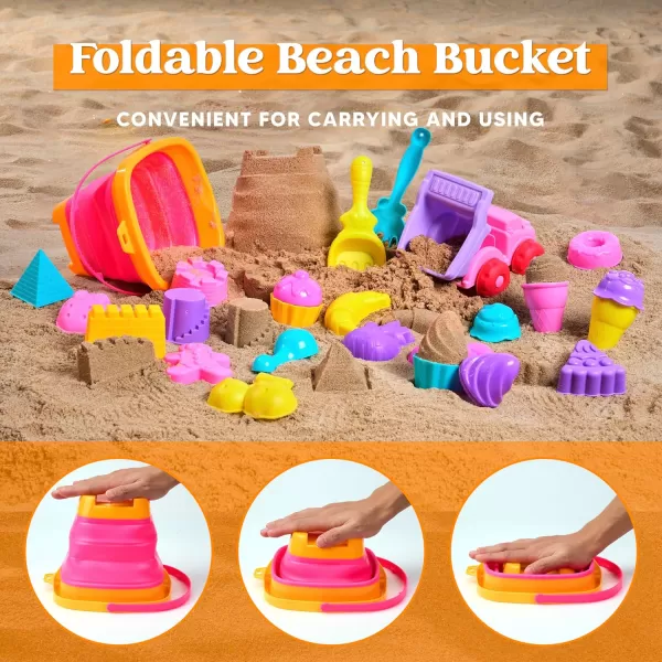 Sloosh Beach Sand Toys Set  Pink Dump Truck Car Toys with Sand Molds Toddlers Outdoor Play Collapsible Buckets Mesh Bag Sand Shovels Castle Ice Cream Mold Sets Kids Ages Sandbox Toys FoodsFoods