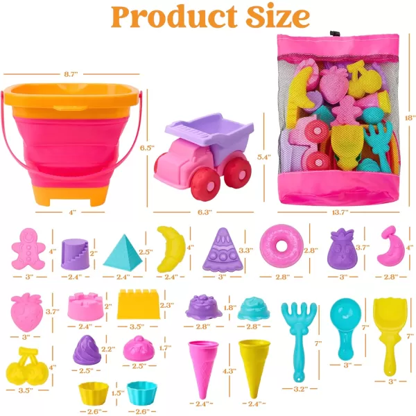 Sloosh Beach Sand Toys Set  Pink Dump Truck Car Toys with Sand Molds Toddlers Outdoor Play Collapsible Buckets Mesh Bag Sand Shovels Castle Ice Cream Mold Sets Kids Ages Sandbox Toys FoodsFoods
