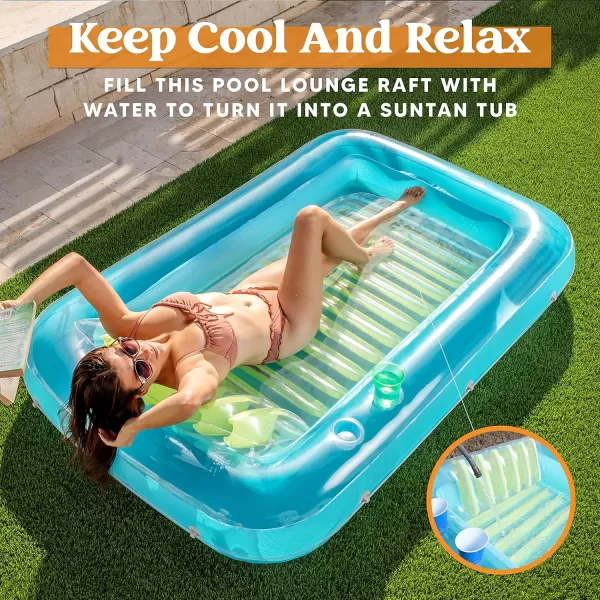 Sloosh Inflatable Tanning Pool Lounge Float 70quot x 46quot Suntan Tub Raft Floatie Tanning Pool with Pillow Personal Pool Lounger for Adult Summer Water Party LBlueBlue Green