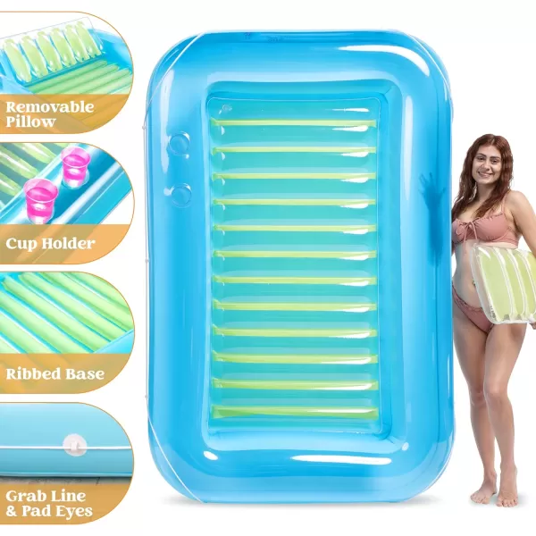 Sloosh Inflatable Tanning Pool Lounge Float 70quot x 46quot Suntan Tub Raft Floatie Tanning Pool with Pillow Personal Pool Lounger for Adult Summer Water Party LBlueBlue Green