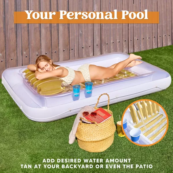 Sloosh Inflatable Tanning Pool Lounge Float 70quot x 46quot Suntan Tub Raft Floatie Tanning Pool with Pillow Personal Pool Lounger for Adult Summer Water Party LBlueGolden White
