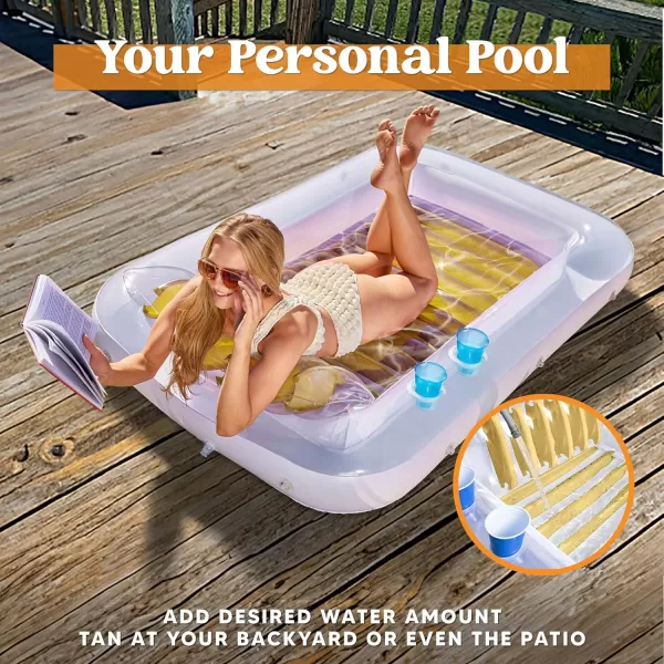 Sloosh Inflatable Tanning Pool Lounge Float 70quot x 46quot Suntan Tub Raft Floatie Tanning Pool with Pillow Personal Pool Lounger for Adult Summer Water Party LBlueGolden White