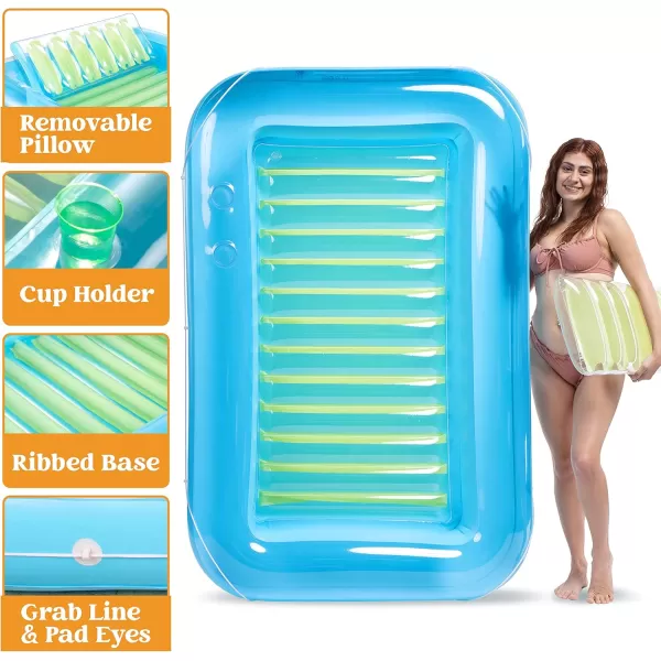 Sloosh Inflatable Tanning Pool Lounge Float 70quot x 46quot Suntan Tub Raft Floatie Tanning Pool with Pillow Personal Pool Lounger for Adult Summer Water Party LBlueBlue Green