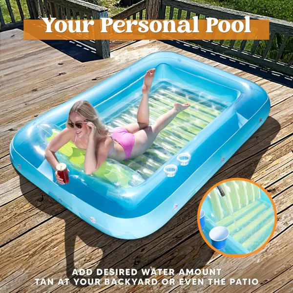 Sloosh Inflatable Tanning Pool Lounge Float 70quot x 46quot Suntan Tub Raft Floatie Tanning Pool with Pillow Personal Pool Lounger for Adult Summer Water Party LBlueBlue Green