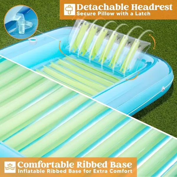 Sloosh Inflatable Tanning Pool Lounge Float 70quot x 46quot Suntan Tub Raft Floatie Tanning Pool with Pillow Personal Pool Lounger for Adult Summer Water Party LBlueBlue Green