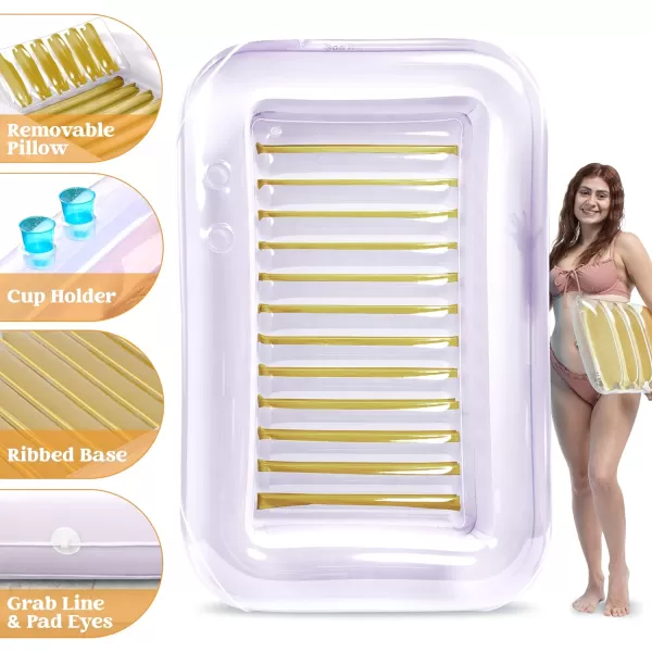 Sloosh Inflatable Tanning Pool Lounge Float 70quot x 46quot Suntan Tub Raft Floatie Tanning Pool with Pillow Personal Pool Lounger for Adult Summer Water Party LBlueGolden White