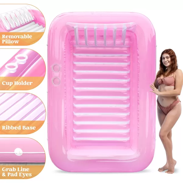 Sloosh Inflatable Tanning Pool Lounge Float 70quot x 46quot Suntan Tub Raft Floatie Tanning Pool with Pillow Personal Pool Lounger for Adult Summer Water Party LBluePink White