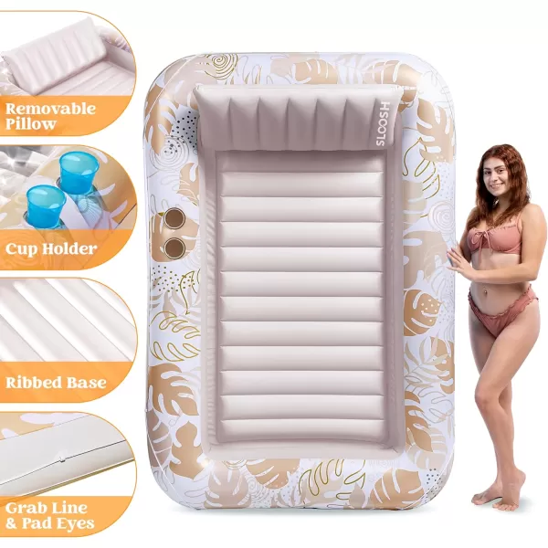 Sloosh Inflatable Tanning Pool Lounger Float for Adults 70quot x 46quot Large Suntan Tub Pool Floats Sun Tan Tub Ice Bath Tub Tanning Bed Blow up Pool Raft Lounge Floatie LBlueGolden White