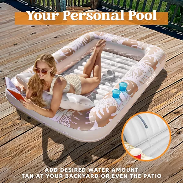 Sloosh Inflatable Tanning Pool Lounger Float for Adults 70quot x 46quot Large Suntan Tub Pool Floats Sun Tan Tub Ice Bath Tub Tanning Bed Blow up Pool Raft Lounge Floatie LBlueGolden White