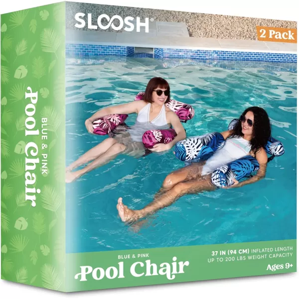 Sloosh Pool Floats Chairs Adult 2 Packs Inflatable Pool Lounge ChairsBlow up Pool Noodles Floats for AdultsFloating Water Chair for Pool Party Summer Water FunTropical LeavesPink Blue