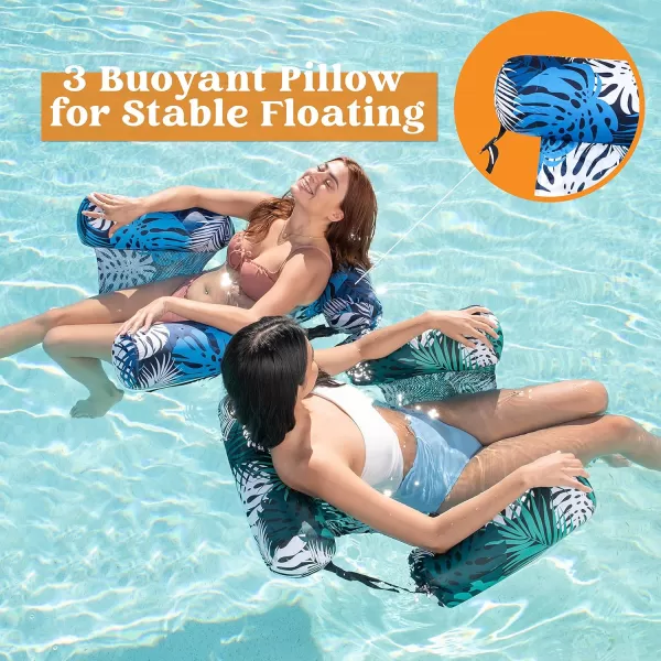 Sloosh Pool Floats Chairs Adult 2 Packs Inflatable Pool Lounge ChairsBlow up Pool Noodles Floats for AdultsFloating Water Chair for Pool Party Summer Water FunTropical LeavesGreen Blue