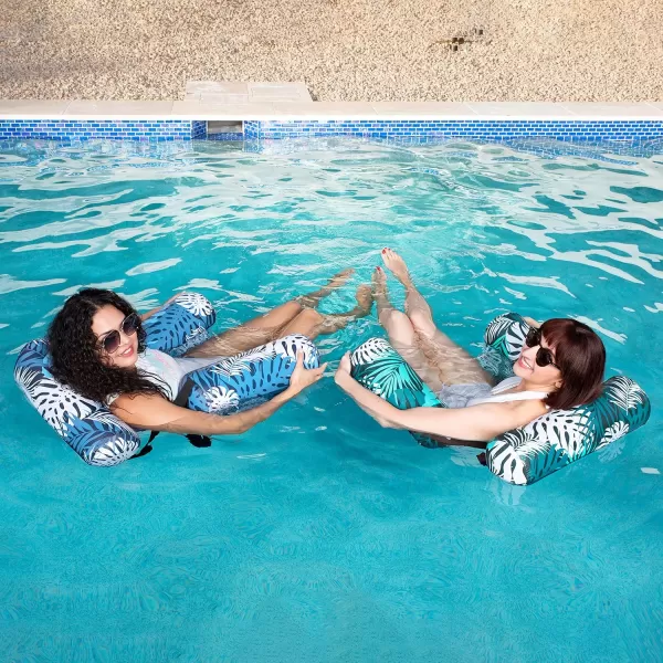 Sloosh Pool Floats Chairs Adult 2 Packs Inflatable Pool Lounge ChairsBlow up Pool Noodles Floats for AdultsFloating Water Chair for Pool Party Summer Water FunTropical LeavesGreen Blue