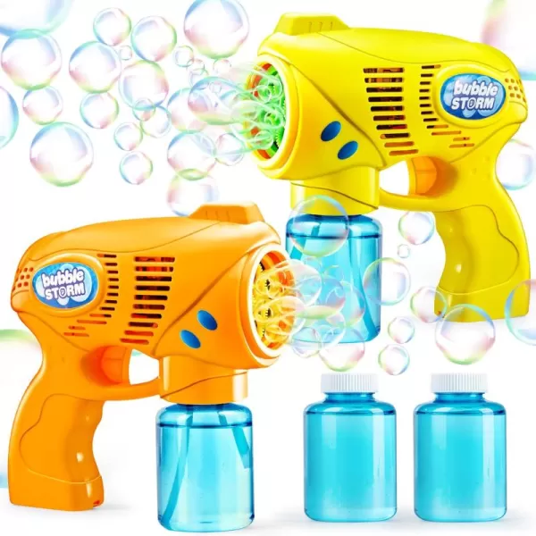 JOYIN 2 Bubble Guns with 2 Bottles Bubble Refill Solution Bubble Machine Gun for Kids Toddlers Bubble Blaster Party Favors Summer Outdoors Activity Wedding Easter Birthday GiftOrangeyellow