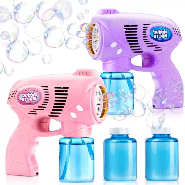 JOYIN 2 Bubble Guns with 2 Bottles Bubble Refill Solution Bubble Machine Gun for Kids Toddlers Bubble Blaster Party Favors Summer Outdoors Activity Wedding Easter Birthday GiftPinkpurple