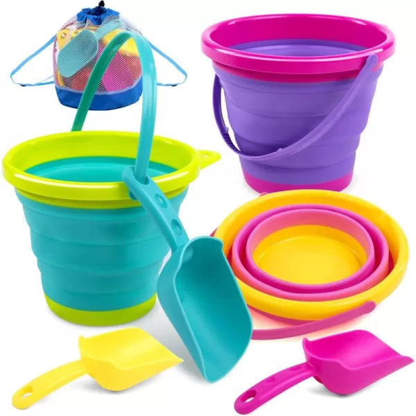JOYIN Foldable Beach Bucket Set  3 Packs Collapsible Toy Buckets with Shovels and Mesh Backpack for Kids Toddlers Party Camping Gear Travelling Fishing Water Pail PinkPurpleGreenPinkPurpleGreen