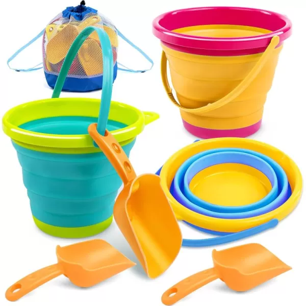 JOYIN Foldable Beach Bucket Set  3 Packs Collapsible Toy Buckets with Shovels and Mesh Backpack for Kids Toddlers Party Camping Gear Travelling Fishing Water Pail PinkPurpleGreenYellowBlueGreen