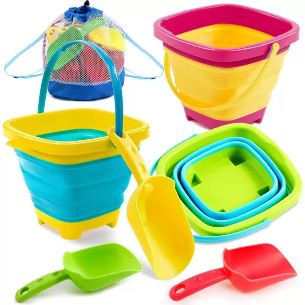 Sloosh 3 Packs Foldable Bucket  Collapsible Bucket with Sand Shovels and Mesh Backpack for Kids Toddlers Beach Toys Easter Egg Hunt Camping Travelling and Fishing Water Pail PinkPurpleGreenYellowBlueGreen