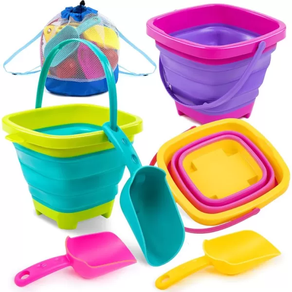 Sloosh 3 Packs Foldable Bucket  Collapsible Bucket with Sand Shovels and Mesh Backpack for Kids Toddlers Beach Toys Easter Egg Hunt Camping Travelling and Fishing Water Pail PinkPurpleGreenPinkPurpleGreen
