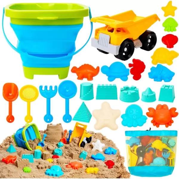 Sloosh Beach Sand Toys Set  Pink Dump Truck Car Toys with Sand Molds Toddlers Outdoor Play Collapsible Buckets Mesh Bag Sand Shovels Castle Ice Cream Mold Sets Kids Ages Sandbox Toys FoodsAnimals