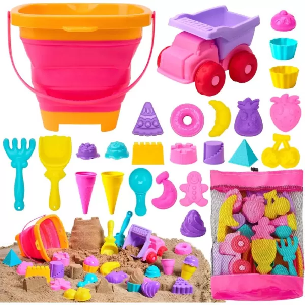 Sloosh Beach Sand Toys Set  Pink Dump Truck Car Toys with Sand Molds Toddlers Outdoor Play Collapsible Buckets Mesh Bag Sand Shovels Castle Ice Cream Mold Sets Kids Ages Sandbox Toys FoodsFoods
