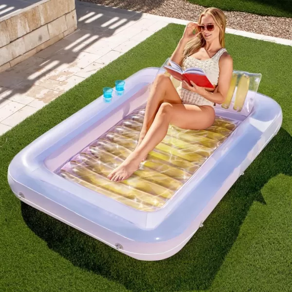 Sloosh Inflatable Tanning Pool Lounge Float 70quot x 46quot Suntan Tub Raft Floatie Tanning Pool with Pillow Personal Pool Lounger for Adult Summer Water Party LBlueGolden White
