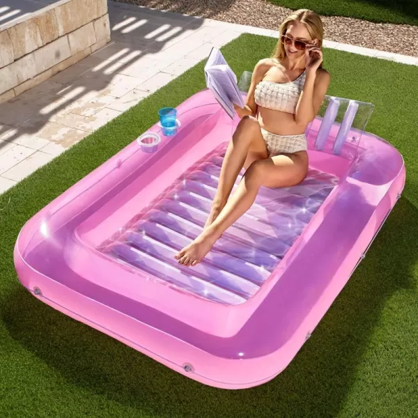 Sloosh Inflatable Tanning Pool Lounge Float 70quot x 46quot Suntan Tub Raft Floatie Tanning Pool with Pillow Personal Pool Lounger for Adult Summer Water Party LBluePink White