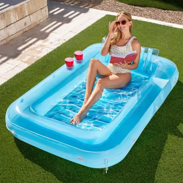 Sloosh Inflatable Tanning Pool Lounge Float 70quot x 46quot Suntan Tub Raft Floatie Tanning Pool with Pillow Personal Pool Lounger for Adult Summer Water Party LBlueBlue