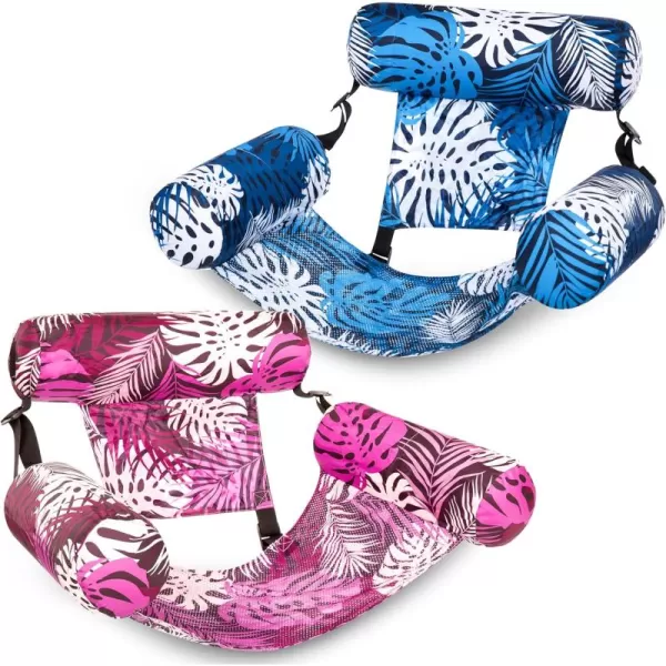 Sloosh Pool Floats Chairs Adult 2 Packs Inflatable Pool Lounge ChairsBlow up Pool Noodles Floats for AdultsFloating Water Chair for Pool Party Summer Water FunTropical LeavesPink Blue