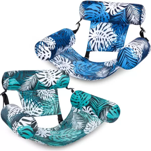 Sloosh Pool Floats Chairs Adult 2 Packs Inflatable Pool Lounge ChairsBlow up Pool Noodles Floats for AdultsFloating Water Chair for Pool Party Summer Water FunTropical LeavesGreen Blue