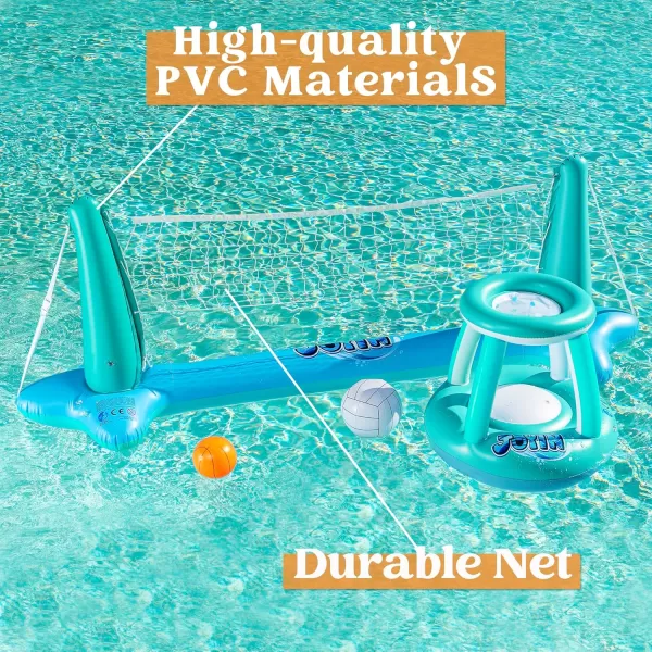 JOYIN Inflatable Pool Float Set Volleyball Net ampamp Basketball Hoops Floating Swimming Game Toy for Kids and Adults Summer Floaties Volleyball Court 105x28x35Basketball 27x23x27LBlueBlue