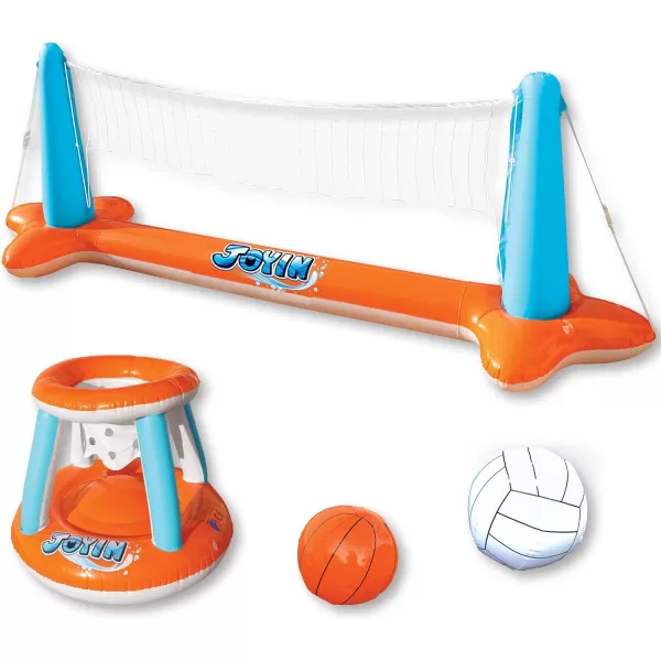 JOYIN Inflatable Pool Float Set Volleyball Net ampamp Basketball Hoops Floating Swimming Game Toy for Kids and Adults Summer Floaties Volleyball Court 105x28x35Basketball 27x23x27LBlueOrange