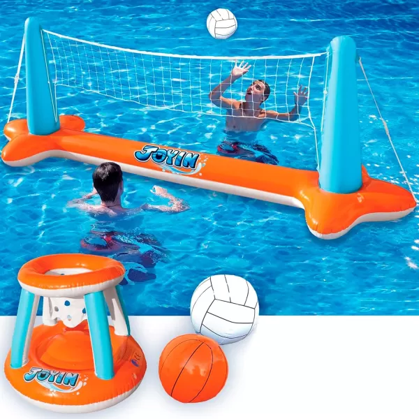 JOYIN Inflatable Pool Float Set Volleyball Net ampamp Basketball Hoops Floating Swimming Game Toy for Kids and Adults Summer Floaties Volleyball Court 105x28x35Basketball 27x23x27LBlueOrange