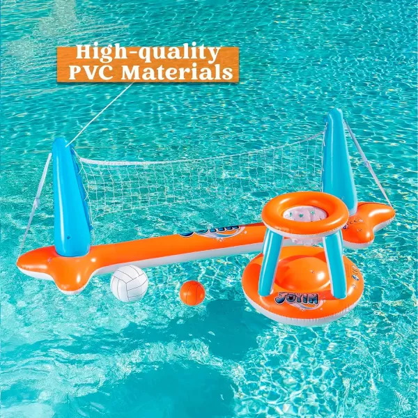JOYIN Inflatable Pool Float Set Volleyball Net ampamp Basketball Hoops Floating Swimming Game Toy for Kids and Adults Summer Floaties Volleyball Court 105x28x35Basketball 27x23x27LBlueOrange